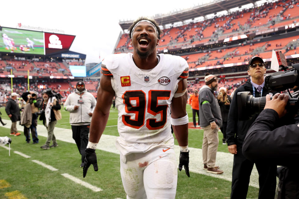 Myles Garrett celebrates the win. (Gregory Shamus/Getty Images)