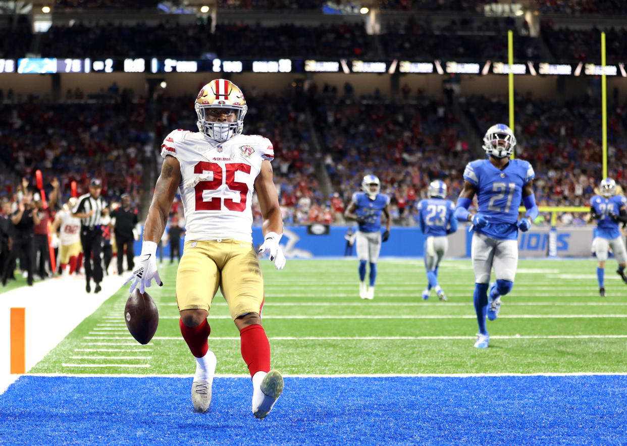 San Francisco 49ers sixth-round running back Elijah Mitchell had a spectacular debut against the Detroit Lions. (Photo by Gregory Shamus/Getty Images)