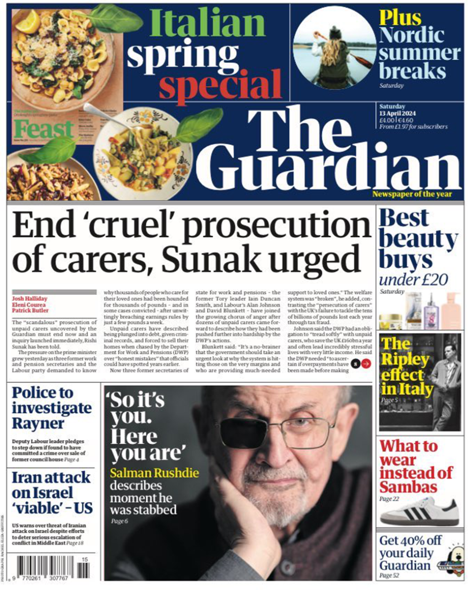 Guardian headline reads: "End 'cruel' prosecution of carers, Sunak urged"