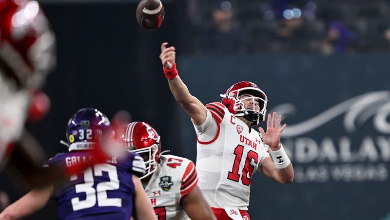 Utah Utes quarterback Bryson Barnes (16) winds up for a long pass that was intercepted as Utah and Northwestern play in the Las Vegas Bowl on Saturday, Dec. 23, 2023. On Tuesday, Utah State announced Barnes will be an Aggie next season.