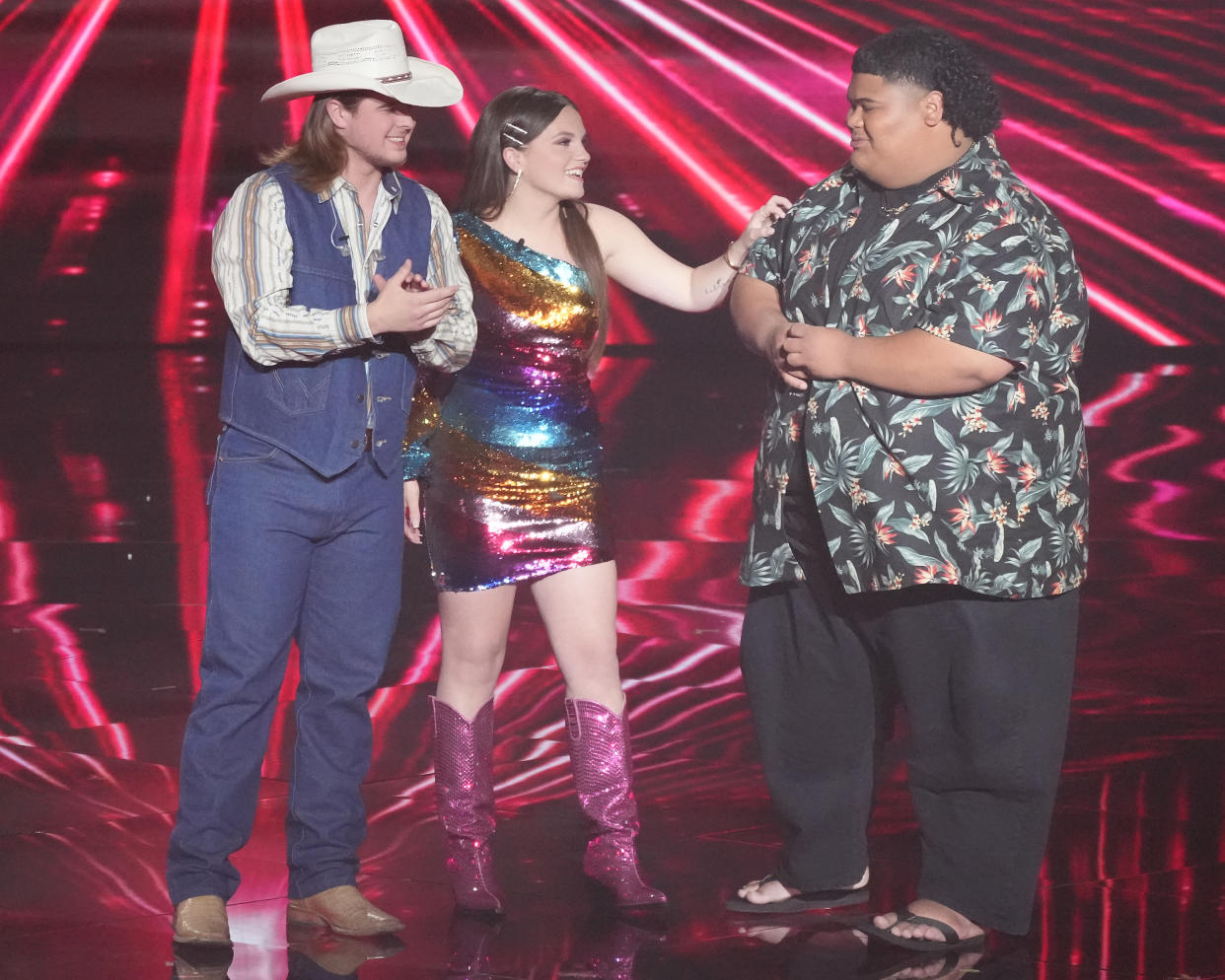 Iam Tongi, far right, wins 'American Idol' Season 21, while Colin Stough and Megan Danielle respectively place third and second. (Photo: ABC/Eric McCandless)