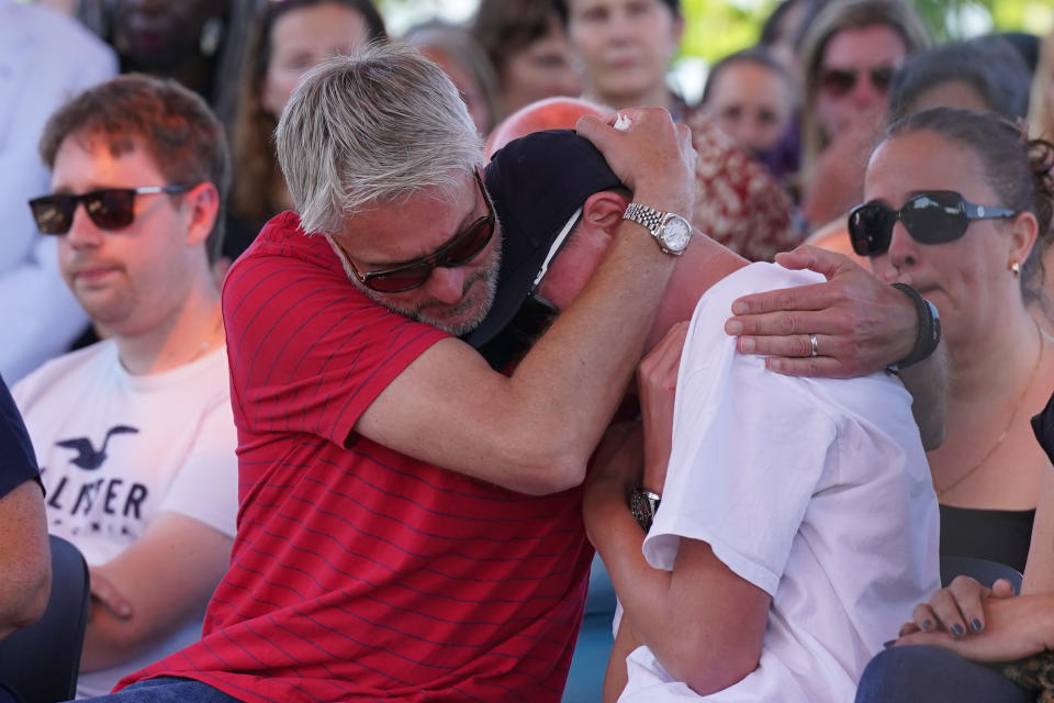 The family of Barnaby Webber, father David (left) and brother Charlie, embrace during a vigil at the University of Nottingham, after he and two others - Grace Kumar and Ian Coates - were killed and another three hurt in connected attacks on Tuesday morning. Picture date: Wednesday June 14, 2023. (Photo by Jacob King/PA Images via Getty Images)