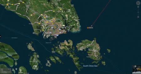 A map shows the location where the Alnic MC merchant vessel came to a halt after a collision with the guided-missile destroyer USS John S. McCain east of Singapore August 21, 2017. REUTERS