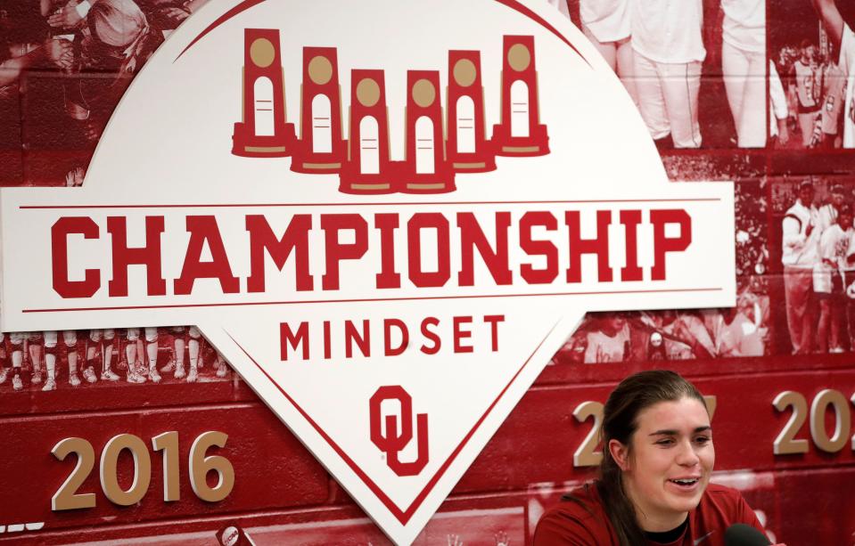 Oklahoma softball player Grace Lyons speaks during an OU press conference at the University of Oklahoma, Monday, Feb. 6, 2023.