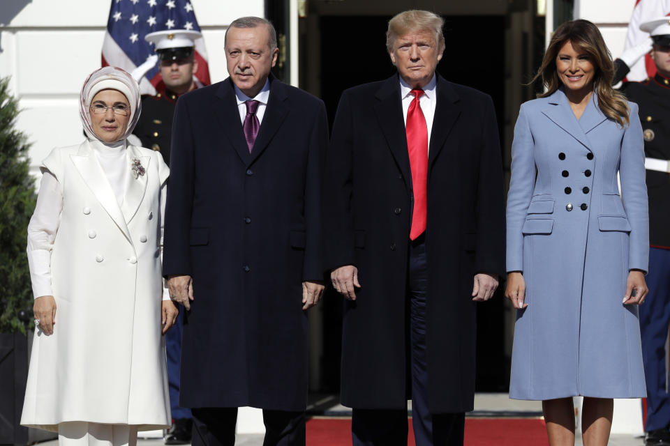 President Donald Trump and first lady Melania Trump welcome Turkish President Recep Tayyip Erdogan and his wife Emine Erdogan to the White House, Wednesday, Nov. 13, 2019, in Washington. (AP Photo/ Evan Vucci)