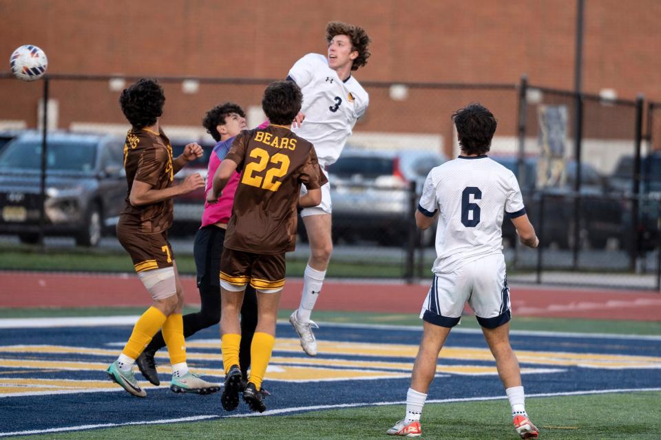 Nov 11, 2023; Somerset, NJ, USA; Ramsey vs. Delran in the Group 2, boys soccer state final at Franklin High School. R #3 Max Nierenberg scores in the second half.