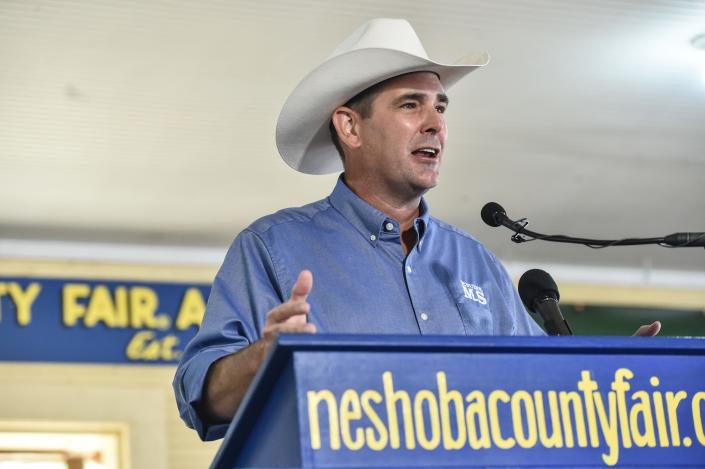 Agriculture and Commerce Commissioner Andy Gipson speaks at the Neshoba County Fair in Philadelphia, Miss., Thursday, July 28, 2022.