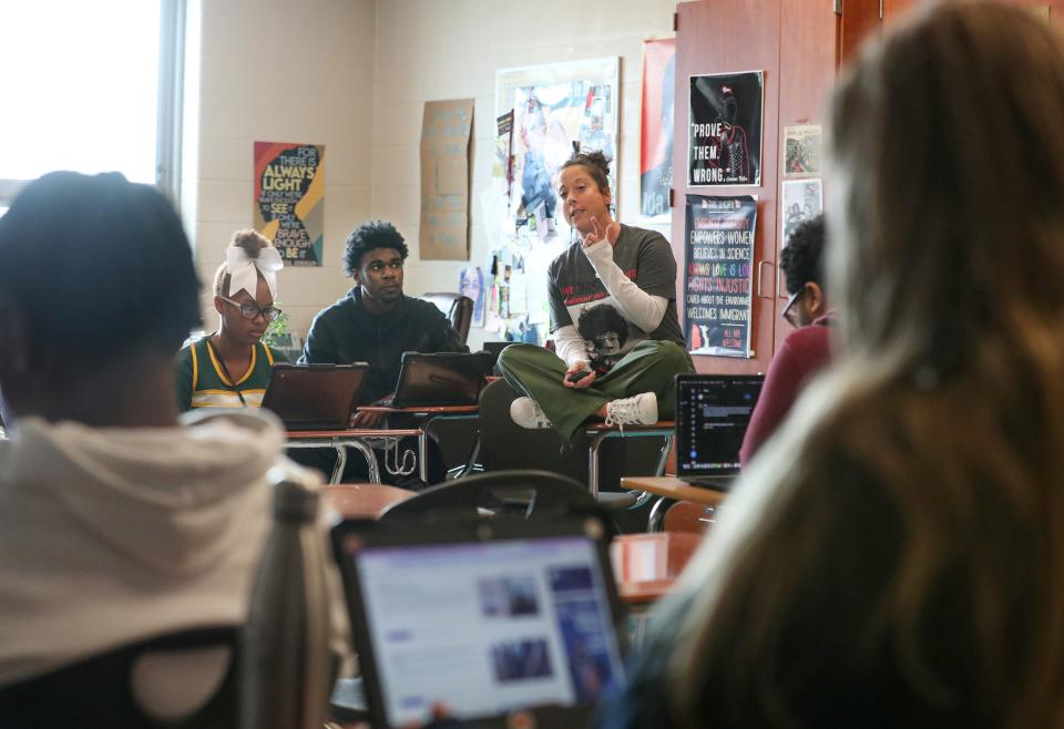 Teacher Erin Irwin Saal starts a discussion in her AP African American Studies course at Firestone CLC.