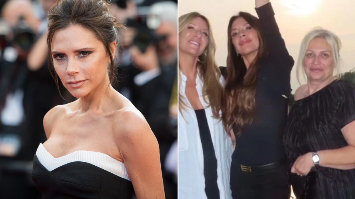 A split iamge of Victoria Beckham and her sisters in law