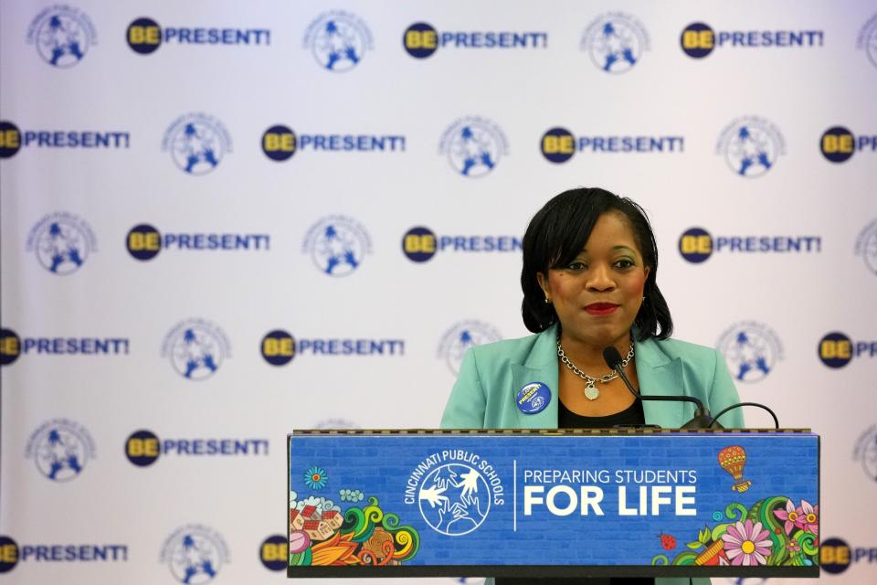 Cincinnati Public Schools Superintendent Iranetta Wright delivers an update on the progress, changes and challenges facing the district heading into the 2023-2024 school year, Aug. 10, 2023, at the former Bramble Elementary School building in the Madisonville neighborhood of Cincinnati.