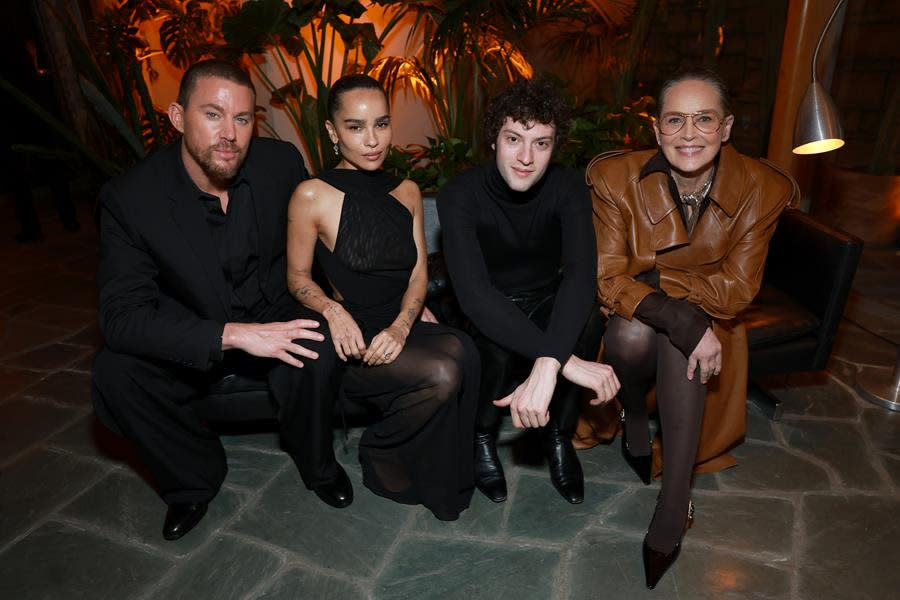 (Left to Right) Channing Tatum, Zoë Kravitz, Dominic Sessa and Sharon Stone attend the Saint Laurent x Vanity Fair x NBCUniversal dinner and party to celebrate “Oppenheimer” in Los Angeles. (Matt Winkelmeyer/Getty Images for Vanity Fair)