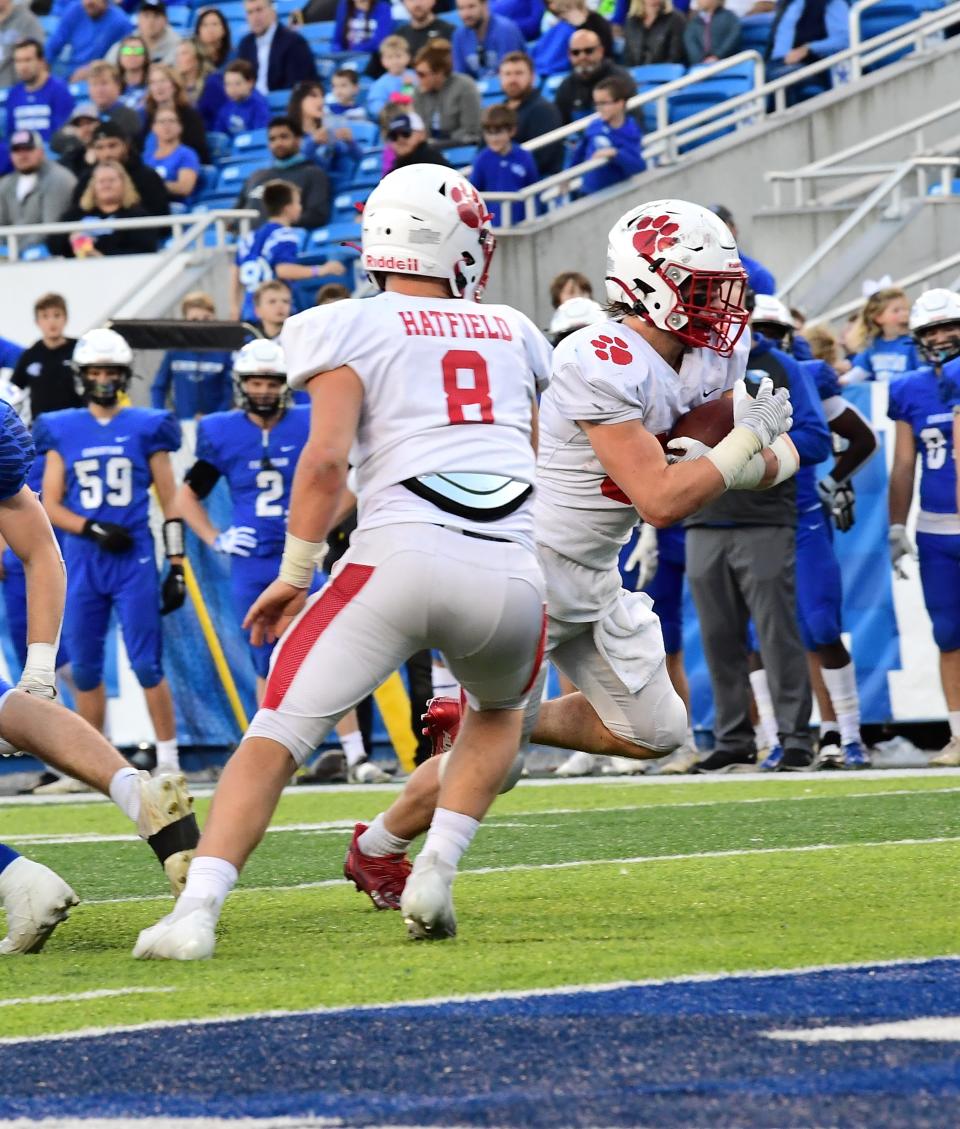 With the ball tucked in tight, Mitchell Berger eyes the endzone for Beechwood at the 2021 KHSAA Class 2A state football championship, Dec. 3, 2021.