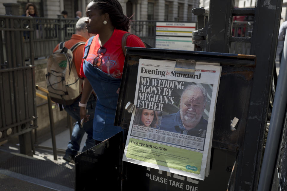 Evening Standard headlines with news of Meghan Markle's father not attending the upcoming royal wedding between the American actor and prince Harry, at Bank underground station in the City of London, the capital's financial district aka the Square Mile, on 15th May 2018, in London, UK. (Photo by Richard Baker / In Pictures via Getty Images Images)