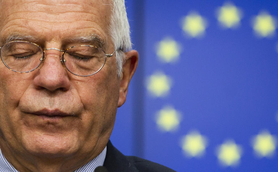 European Union foreign policy chief Josep Borrell listens to questions during a media conference after a meeting of EU foreign ministers by videoconference at the European Council building in Brussels on Monday, June 15, 2020. The talks, which included a videoconference with U.S. Secretary of State Mike Pompeo, focused on China, developments in the Middle East and trans-Atlantic relations. (AP Photo/Virginia Mayo, Pool)