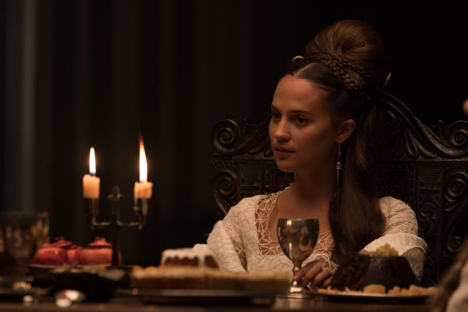 "I very much enjoyed trying to create two really distinct characters," says Alicia Vikander, pictured as the alluring Lady in "The Green Knight."