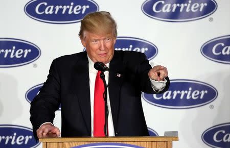 U.S. President-Elect Donald Trump speaks at event at Carrier HVAC plant in Indianapolis, Indiana, U.S., December 1, 2016. REUTERS/Chris Bergin