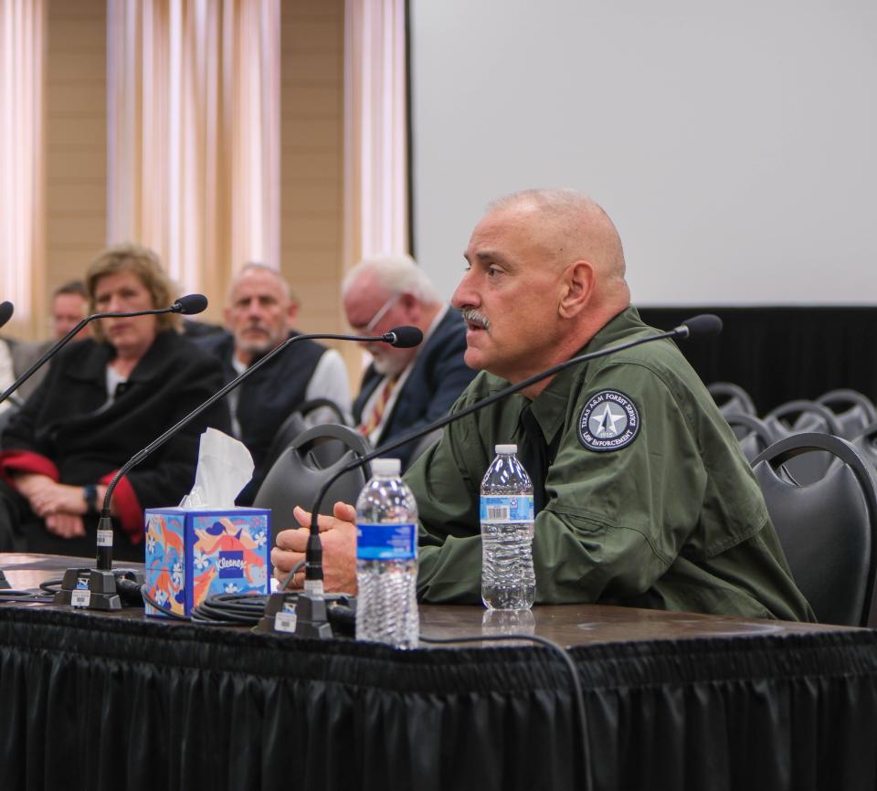 Kevin Pierce, a fire investigator for Texas A&M Forest Service, speaks about the causes of the Smokehouse Creek Fire on day two of the Panhandle Wildfires Investigative Committee hearings in Pampa.