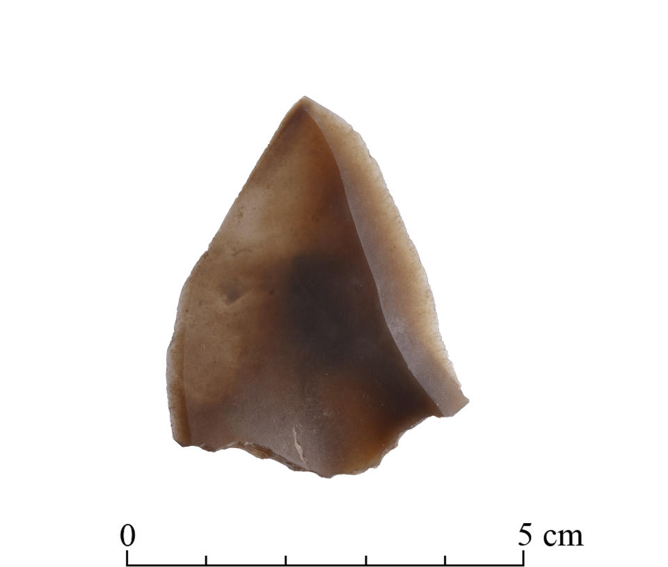 This undated photo provided by Tal Rogovski in June 2021 shows a Levallois point stone tool discovered in the Nesher Ramla, Israel human ancestor excavation site in Israel. On Thursday, June 24, 2021, scientists reported that bones found in an Israeli quarry are from a branch of the human evolutionary tree and are 120,000 to 140,000 years old. (Tal Rogovski via AP)