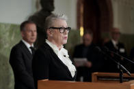 Berit Reiss-Andersen, head of the Nobel Committee, announces the winner of this year's Peace Prize at the Nobel Institute in Oslo, Norway, Friday, Oct. 7, 2022. This year's Nobel Peace Prize has been awarded to jailed Belarus rights activist Ales Bialiatski, the Russian group Memorial and the Ukrainian organization Center for Civil Liberties. (Heiko Junge/NTB Scanpix via AP)