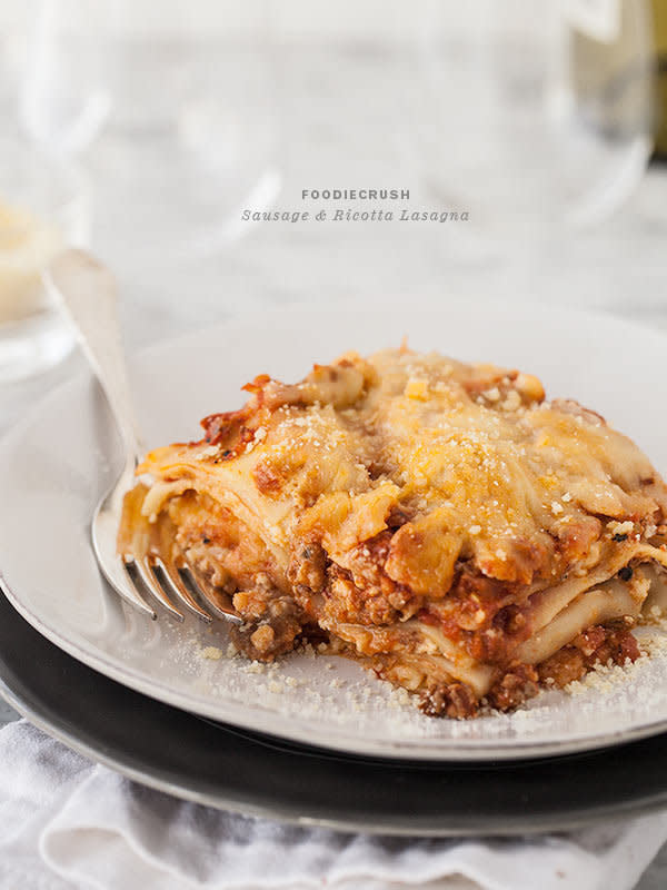 <strong>Get the <a href="http://www.foodiecrush.com/2013/01/sausage-and-ricotta-lasagna-and-a-food-blogging-dinner/" target="_blank">Sausage and Ricotta Lasagna Recipe</a> from Foodie Crush</strong>
