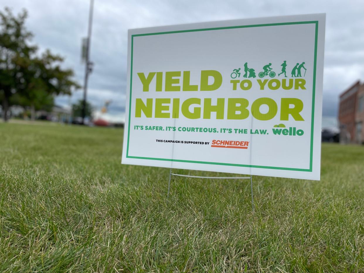 "Yield to Your Neighbor" signs will be available to residents and businesses that want to help spread the message of the importance of bicycle and pedestrian safety.