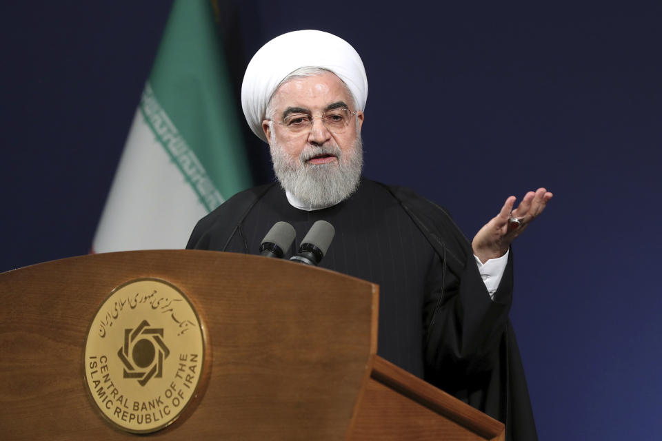 In this photo released by the official website of the office of the Iranian Presidency, President Hassan Rouhani speeches before the heads of banks, in Tehran, Iran, Thursday, Jan. 16, 2020. Iran's president said Thursday that there is "no limit" to the country's enrichment of uranium following its decision to abandon its commitments under the 2015 nuclear deal in response to the killing of its top general in a U.S. airstrike. (Office of the Iranian Presidency via AP)