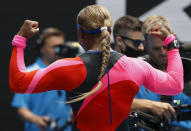 United States' Serena Williams gestures as she is interviewed after defeating Germany's Laura Siegemund during their first round match at the Australian Open tennis championship in Melbourne, Australia, Monday, Feb. 8, 2021.(AP Photo/Rick Rycroft)