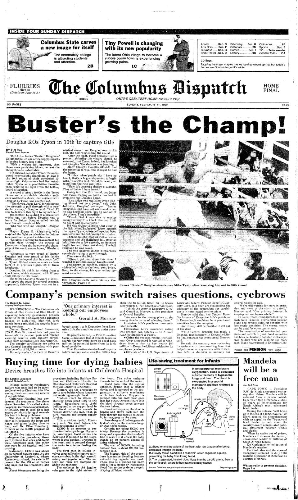 Front page of The Columbus Dispatch for Feb. 11, 1990.  Buster Douglas knocks out Mike Tyson.