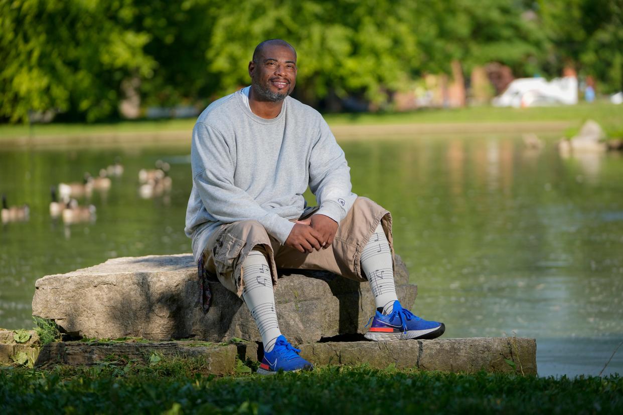 Brandon Talley, a teacher at Siebert Elementary on Columbus' South Side, had to leave his job as he undergoes dialysis three times a week while he awaits a kidney and pancreas transplant. Talley, 43, who grew up on the South Side and played football at Otterbein University, frequently works out at Schiller Park.