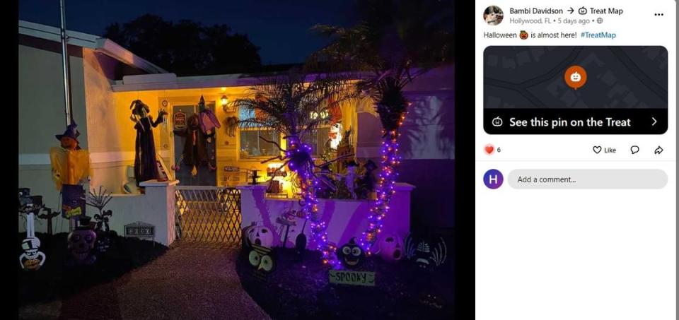A neighbor in Hollywood posted her house decked out in Halloween purple on the Nextdoor app and pinned its location to the social media site’s Treat Map feature. Nextdoor
