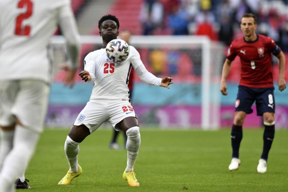 Bukayo Saka controls the ball during England’s victory over the Czech Republic.