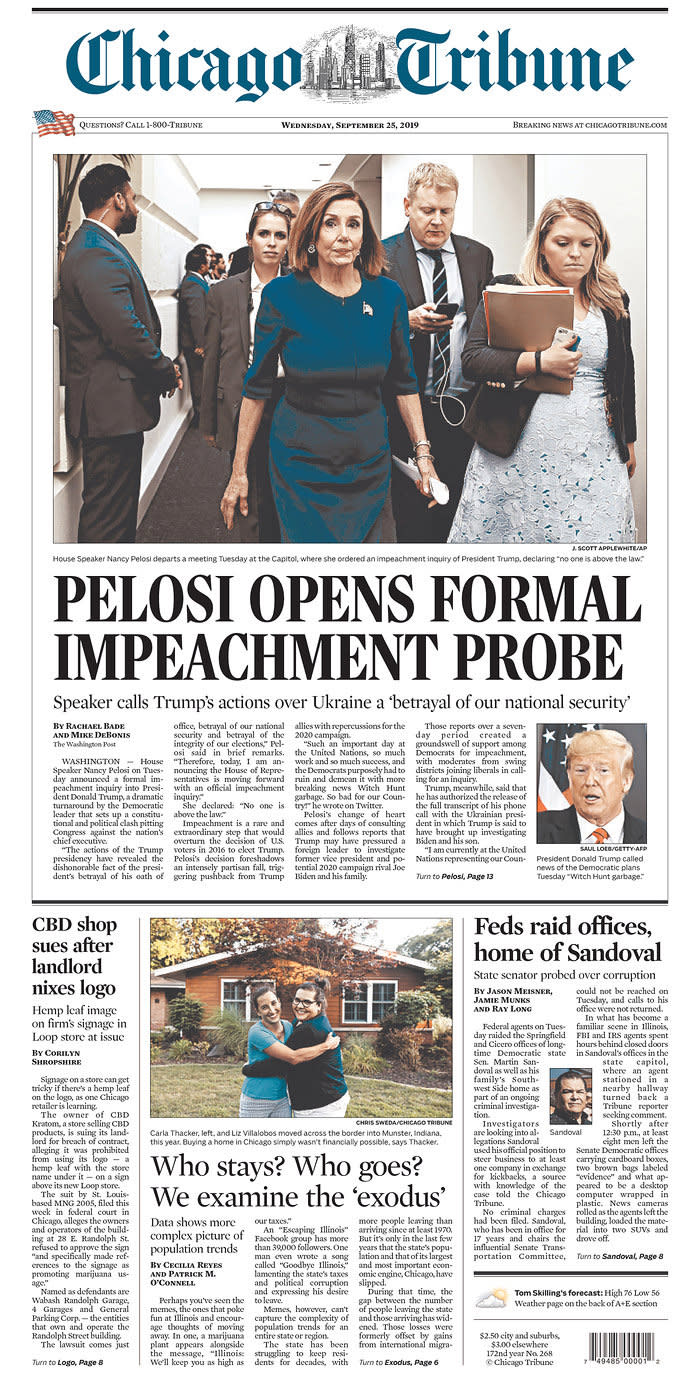 Pelosi Opens Formal Impeachment Probe Chicago Tribune Published in Chicago, Ill. USA. (newseum.org)