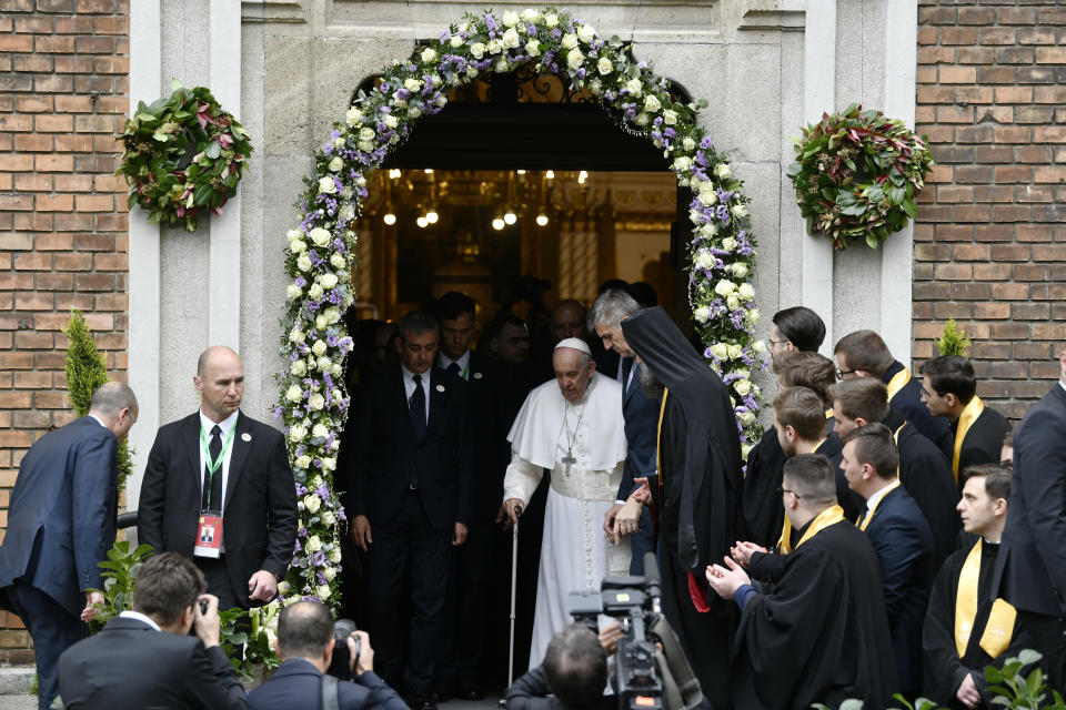 Pope Francis leaves the "Protection of the Mother of God" church after a meeting with a Greek Catholic community, in Budapest, Hungary, Saturday, April 29, 2023. The Pontiff is in Hungary for a three-day pastoral visit. (AP Photo/Denes Erdos)