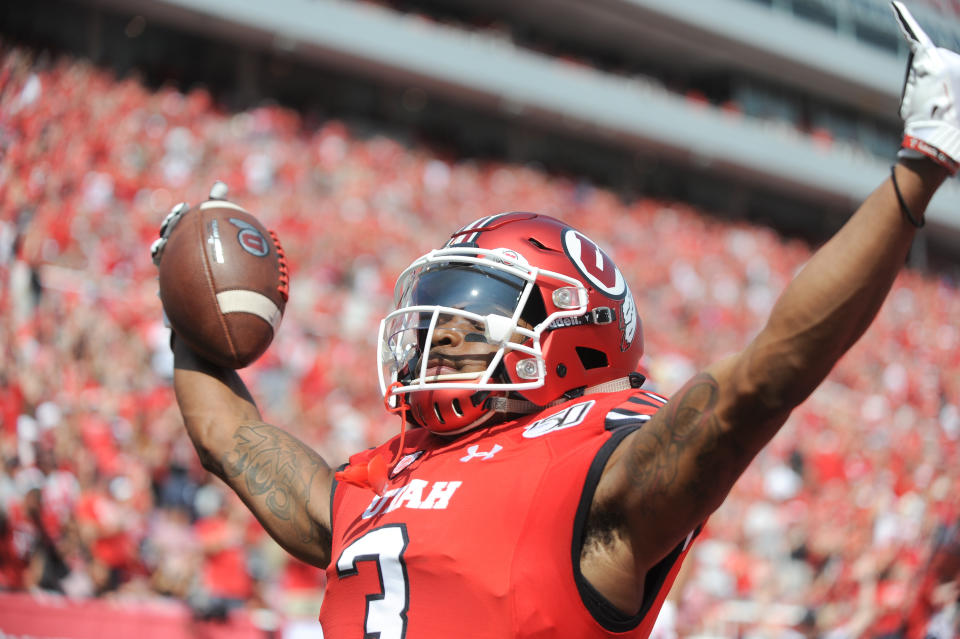 Utah Utes wide receiver Demari Simpkins (3) celebrates after scoring a touchdown against Northern Illinois on Sept. 7. (Getty)