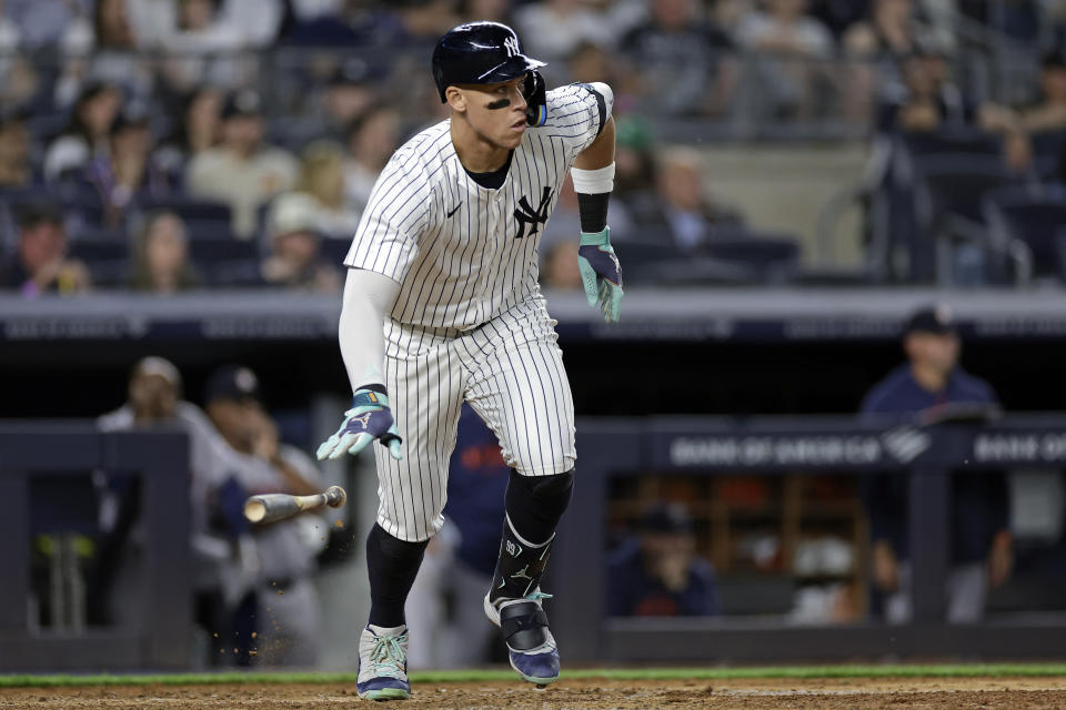 New York Yankees' Aaron Judge watches his two-run double against the Houston Astros during the sixth inning of a baseball game Wednesday, May 8, 2024, in New York. (AP Photo/Adam Hunger)
