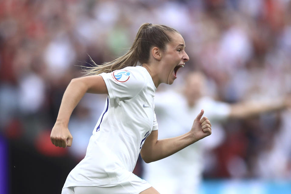 England's Ella Toone celebrates after scoring her side's first goal during the Women's Euro 2022 final soccer match between England and Germany at Wembley stadium in London, Sunday, July 31, 2022. (AP Photo/Leila Coker)