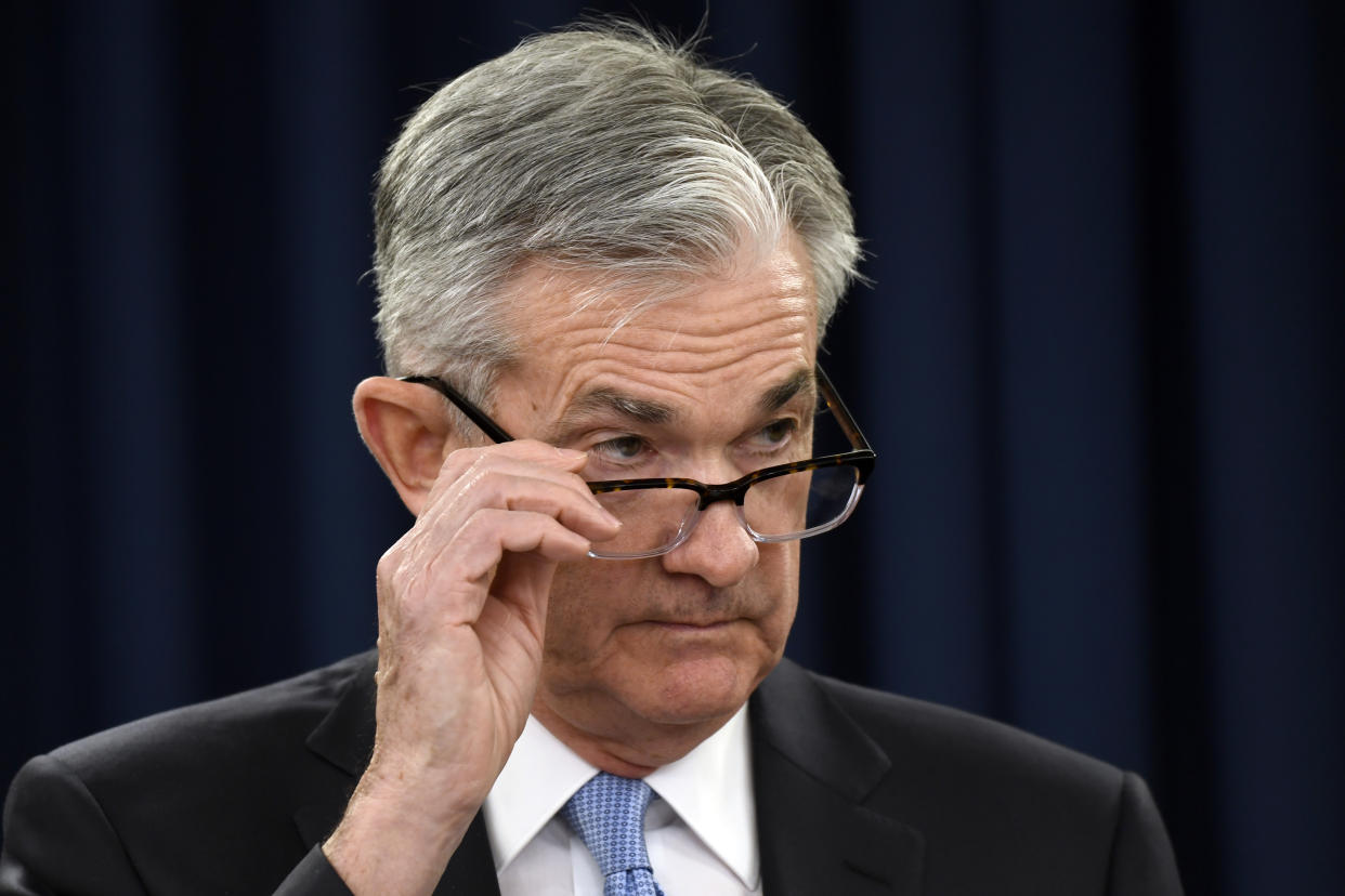 FILE - In this March 20, 2019, file photo Federal Reserve Chair Jerome Powell listens to a reporter's question during a news conference in Washington. Everything from bonds to commodities to savings rates at the bank are feeling the ramifications of the Federal Reserve’s decision earlier this year to halt raising interest rates, at least temporarily. (AP Photo/Susan Walsh, File)