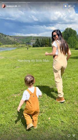 <p>Olivia Munn/Instagram</p> Munn matched her son Malcolm in overalls on a recent family trip