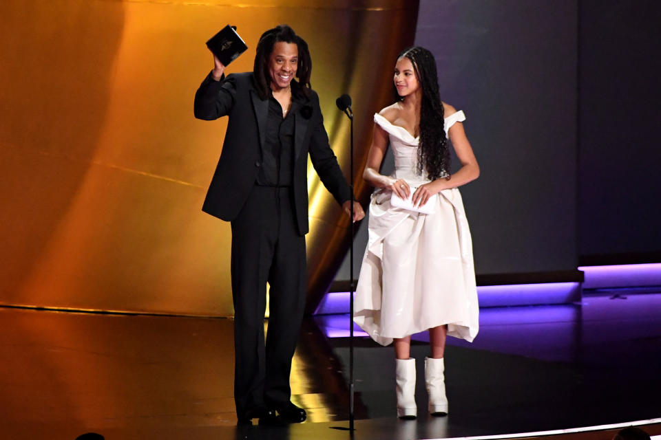 LOS ANGELES, CALIFORNIA - FEBRUARY 04: (FOR EDITORIAL USE ONLY) Jay-Z and Blue Ivy Carter accept the Dr. Dre Global Impact Award award onstage during the 66th GRAMMY Awards at Crypto.com Arena on February 04, 2024 in Los Angeles, California. (Photo by JC Olivera/WireImage)