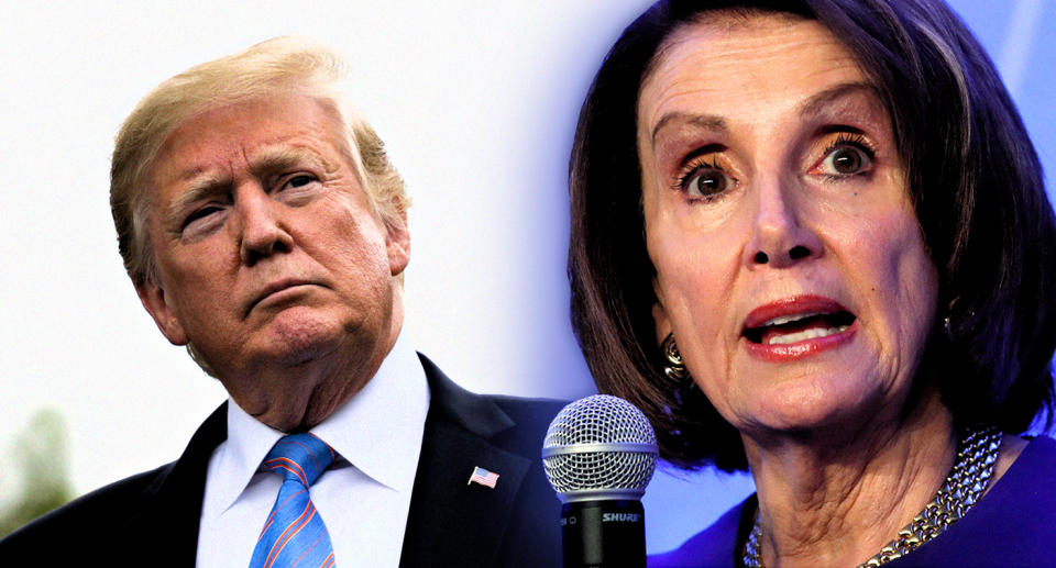 President Trump and Speaker of the House Nancy Pelosi. (Photo illustration: Yahoo News; photos: Andrew Harrer/Bloomberg via Getty Images, Kevin Lamarque/Reuters)