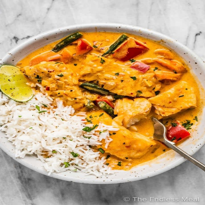 Fish curry over rice.