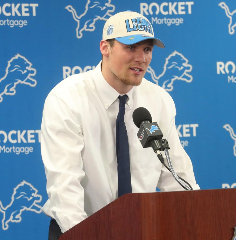 Detroit Lions first-round draft pick Jack Campbell from Iowa talks with reporters during the players' introductory news conference at team headquarters in Allen Park on Friday, April 28, 2023.