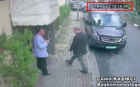 Mr Khashoggi entered the consulate at 1.14pm. Less than two hours later diplomatic vans left the scene. - Credit: CCTV/Hurriyet via AP