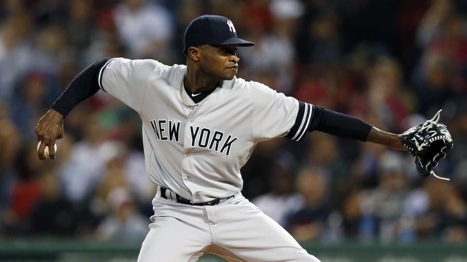 New York Yankees' Domingo German pitches during the first inning of a baseball game against the Boston Red Sox in Boston, Friday, Sept. 6, 2019. (AP Photo/Michael Dwyer)