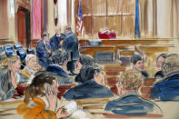 <p>This courtroom sketch shows spectators waiting the the courtroom as the jury continues to deliberate in the bank fraud and tax evasion trial of Paul Manafort behind the closed door, at back left, in the courtroom of U.S. District court Judge T.S. Ellis III at federal court in Alexandria, Va., Monday, Aug. 20, 2018. (Photo: Dana Verkouteren via AP) </p>