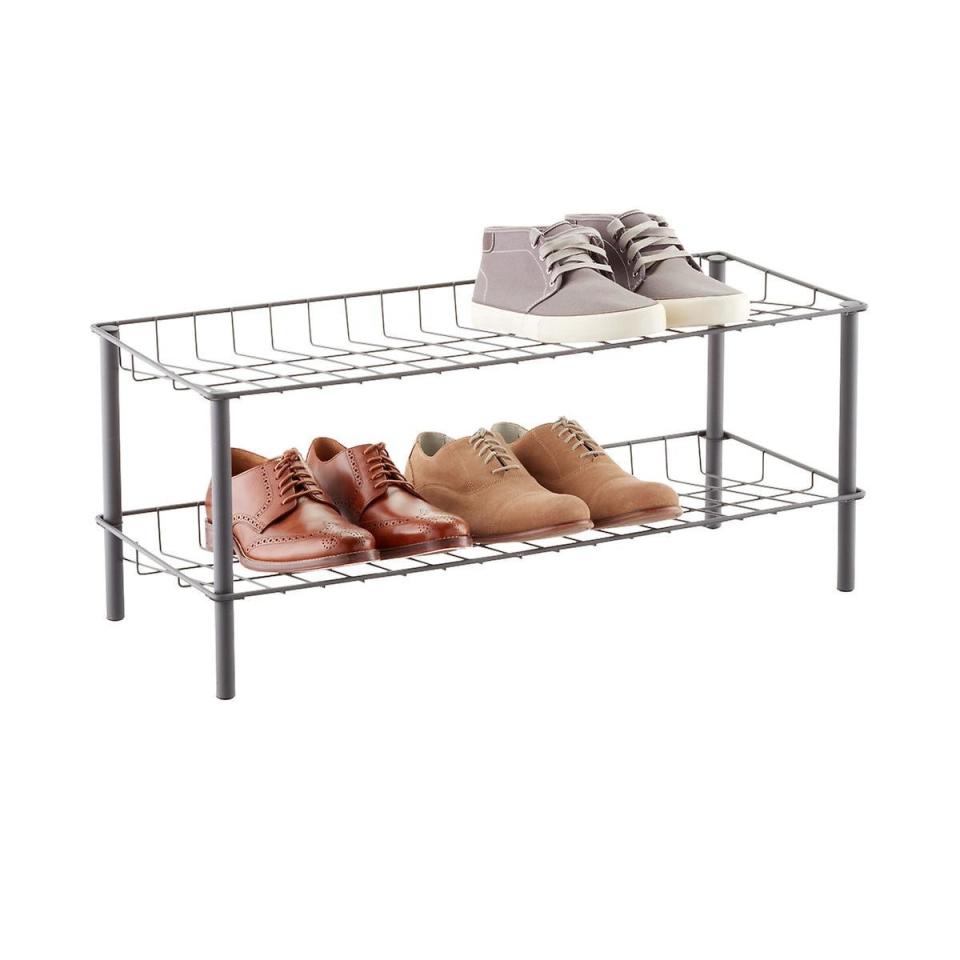 Stack your shoes instead of throwing them on the floor into a piled heap. This shoe rack will sit easily underneath your hanging clothes. Get this shoe rack at <a href="https://www.containerstore.com/s/gunmetal-2-tier-metal-shoe-rack/d?productId=11006251&amp;q=shoe%20rack" target="_blank">The Container Store</a>.