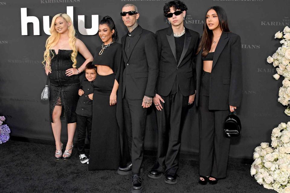 LOS ANGELES, CALIFORNIA - APRIL 07: (L-R) Alabama Barker, Reign Disick, Kourtney Kardashian, Travis Barker, Landon Barker and Atiana De La Hoya attend the Los Angeles premiere of Hulu's new show "The Kardashians" at Goya Studios on April 07, 2022 in Los Angeles, California. (Photo by Jon Kopaloff/FilmMagic for ABA)