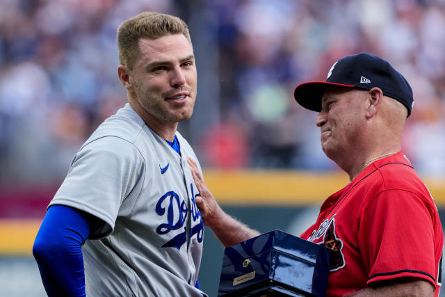 Freddie Freeman of the Los Angeles Dodgers receives his World