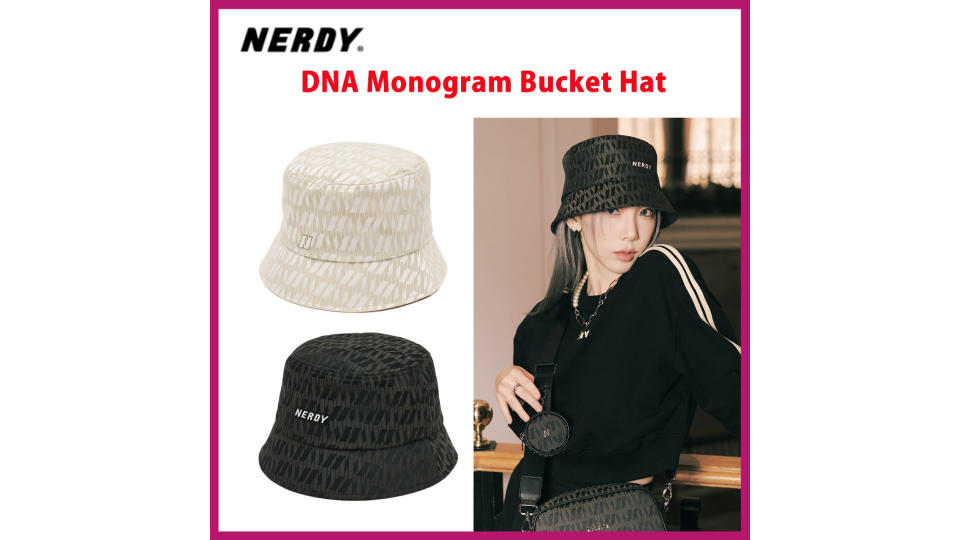 A product image of a model wearing a NERDY 22SS NEW NERDY X TAEYEON bucket hat.