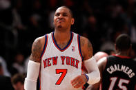 NEW YORK, NY - MAY 03: Carmelo Anthony #7 of the New York Knicks reacts in the second half against the Miami Heat in Game Three of the Eastern Conference Quarterfinals in the 2012 NBA Playoffs on May 3, 2012 at Madison Square Garden in New York City. NOTE TO USER: User expressly acknowledges and agrees that, by downloading and or using this photograph, User is consenting to the terms and conditions of the Getty Images License Agreement. (Photo by Jeff Zelevansky/Getty Images)